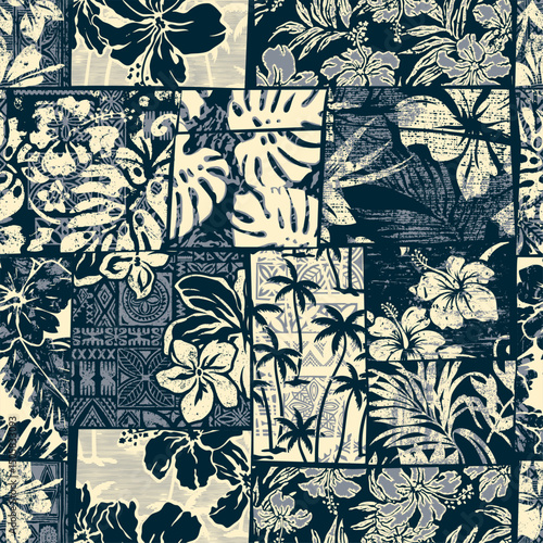 Tropical leaves and hibiscus flowers patchwork abstract grunge vector seamless pattern  for fabric shirt towel tablecloth pillow rug carpet