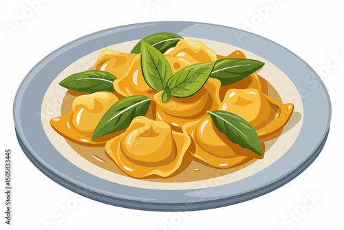 Delicious ravioli with basil on a plate