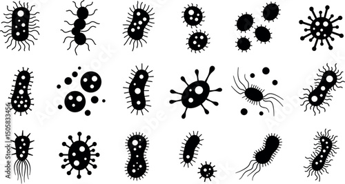 Diverse bacteria and virus silhouettes on white background