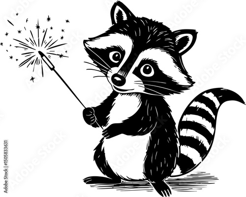 Festive raccoon sparks joy with magic wand in whimsical forest illustrative art playful atmosphere captivating viewpoint