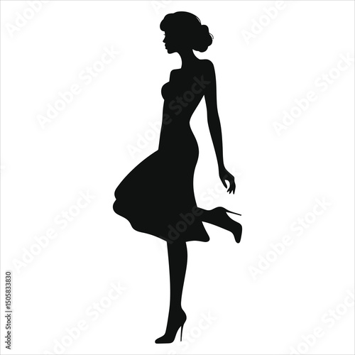 ( Peep-toe heels) Vector Silhouette of a Woman in a Dress/A sophisticated silhouette of a woman in a midi dress, poised and stylish, standing in profile against a plain white background.