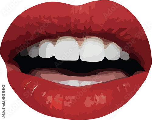 Close-up of lips with red lipstick and white teeth on white background