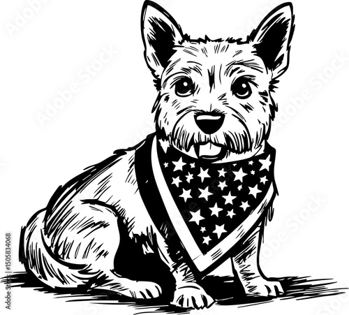 Playful dog in american flag bandana home setting cozy atmosphere close-up perspective pet love