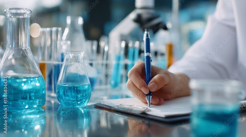 Fototapeta premium Scientist conducting experiments in laboratory with blue solutions and lab equipment during daytime
