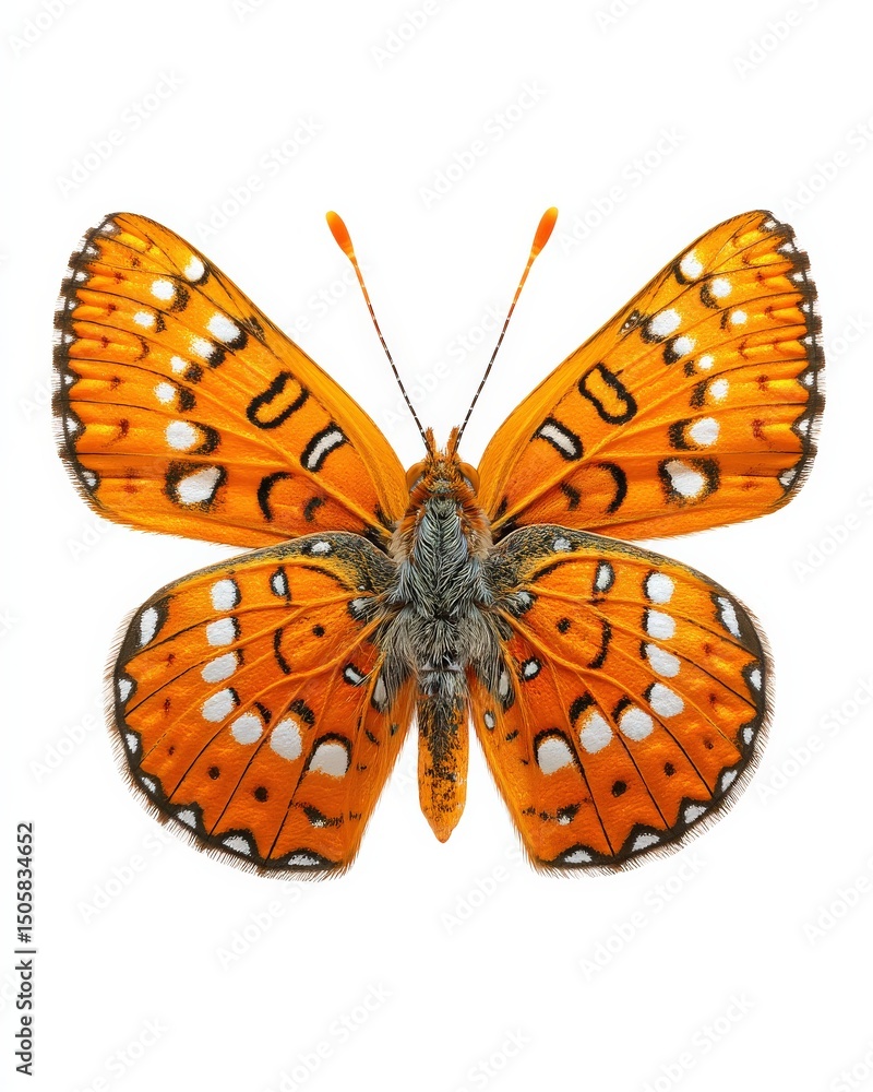 Fototapeta premium A vibrant orange butterfly with intricate black and white markings, isolated on a white background.