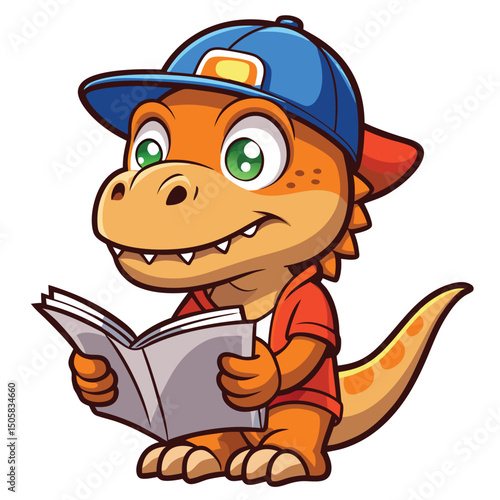 Adorable cartoon dinosaur reading a book wearing a baseball cap on white background