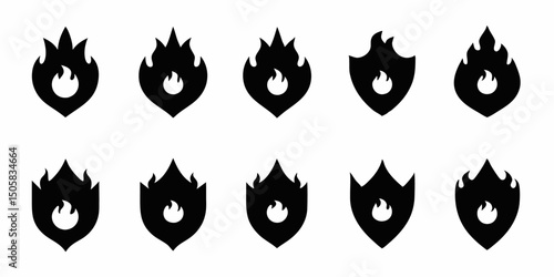 Fiery shield design protective emblem with blazing flames