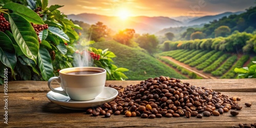 A steaming cup of coffee with roasted beans in front of a lush green coffee plantation at sunrise