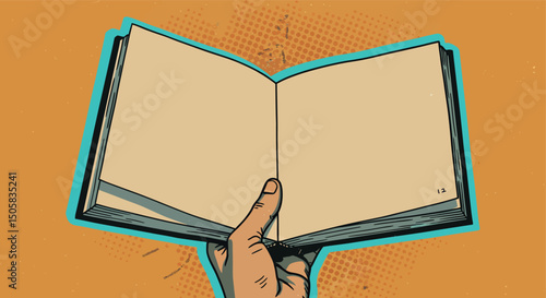 Male hand holding open book with orange background in pop art style