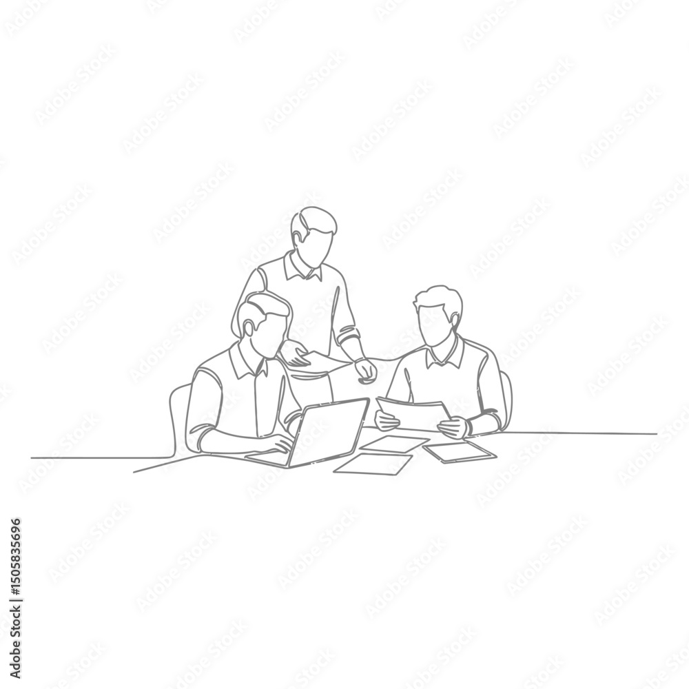 Vector art of Business team collaborating on project, reviewing documents and laptop, isolated on white background, discussing strategy and planning in the office Vector art of Business team collaborating on project, reviewing documents and laptop, isolated on white background, discussing strategy and planning in the office