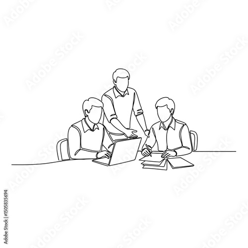 Vector art of Business team meeting in office, one line drawing isolated on white background, showing collaboration, discussion, and planning for corporate strategy