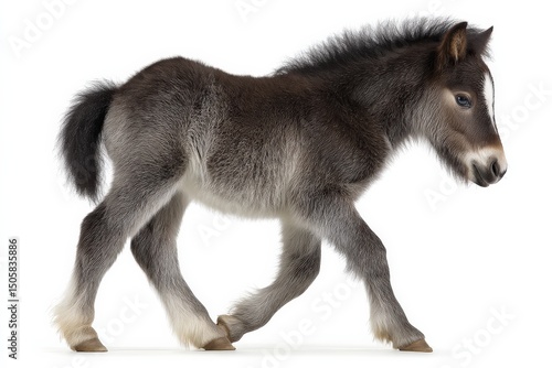 Adorable dark gray foal trotting on white background.