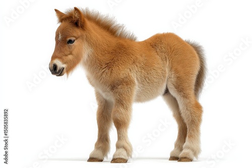 Adorable chestnut foal stands on a white background.