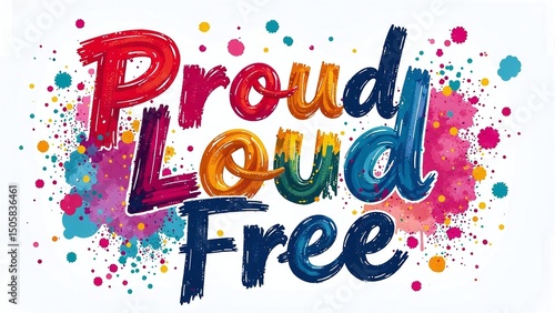 Proud, Loud, Free Pride Typography, Hand-Drawn Rainbow Brush Lettering, Abstract Paint and Glitter Effects, Bold Street Art Calligraphy on White or Pastel Background