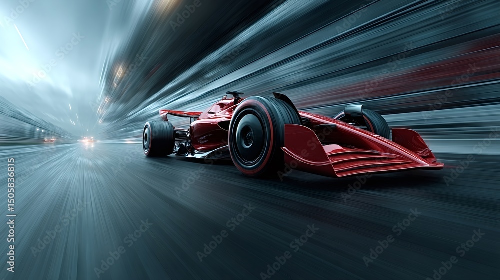 Obraz premium Red formula one race car speeding on a city track with motion blur showing its high velocity, creating a dynamic and exciting motorsport scene