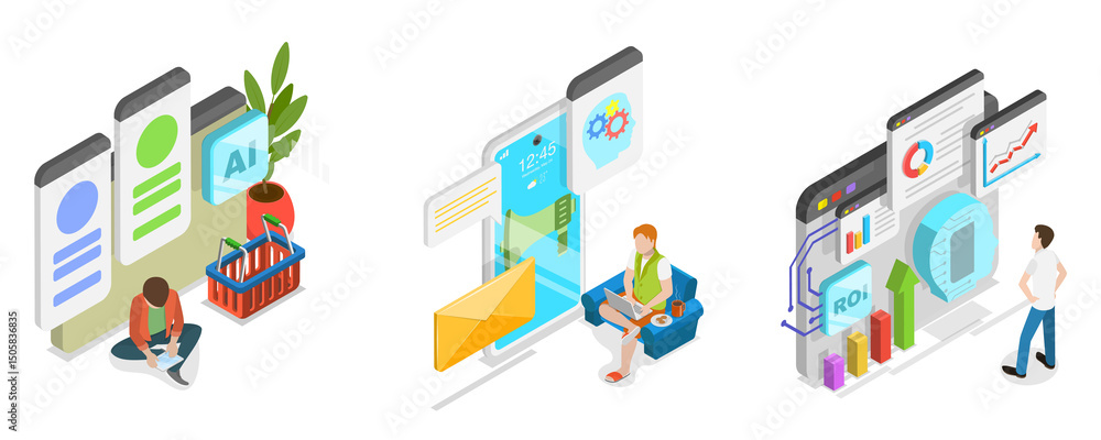 Fototapeta premium 3D Isometric Flat Illustration of Marketing and AI Technologies, Return on the Investment