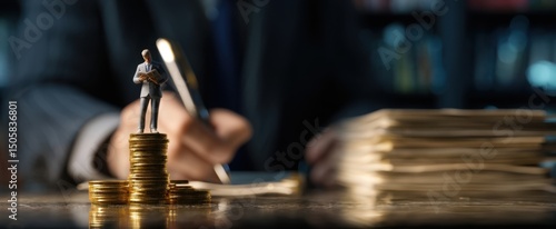 Wallpaper Mural The miniature businessman analyzing finances on a stack of coins at a desk. Torontodigital.ca