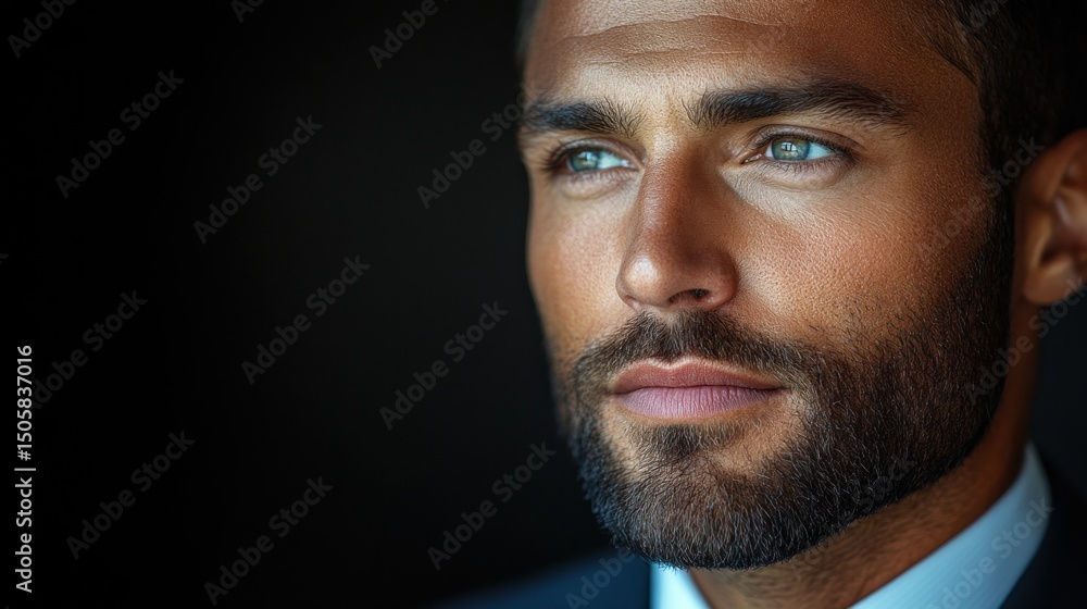 Obraz premium Man in suit gazing intensely, dark background, contemplative