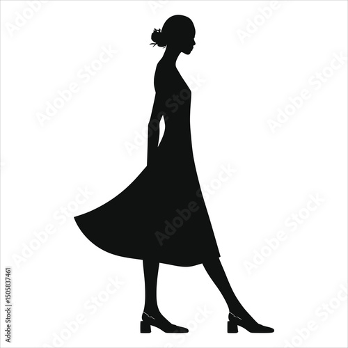 ( Slingbacks footwear) Elegant Woman in a Midi Dress Vector Silhouette, Walking/A sophisticated silhouette of a woman walking, showcasing a midi dress and stylish shoes.
