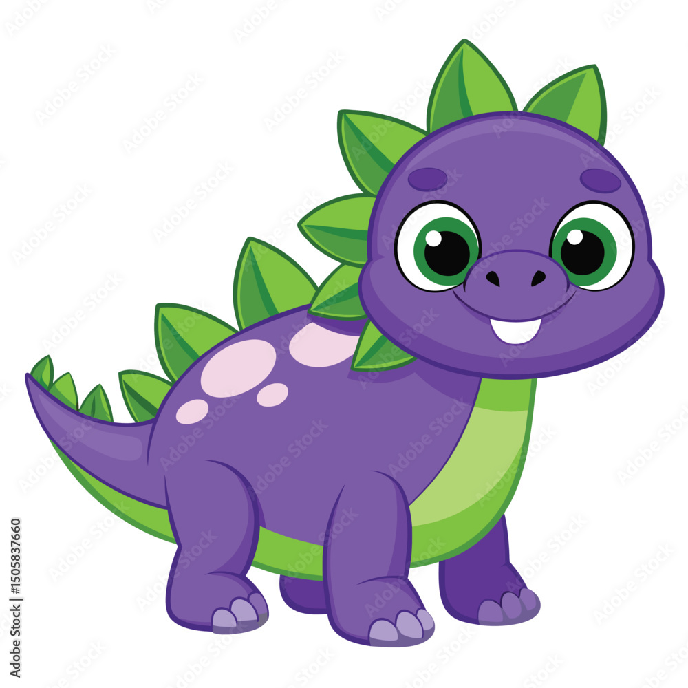 Fototapeta premium Adorable cartoon purple dinosaur character with green details and a friendly smiling expression