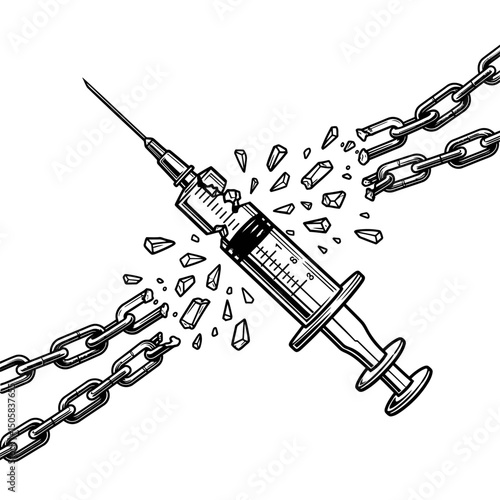 Vector art of Broken syringe with shattered chains isolated on white background symbolizing overcoming drug addiction and finding freedom from opioid crisis and medical dependence