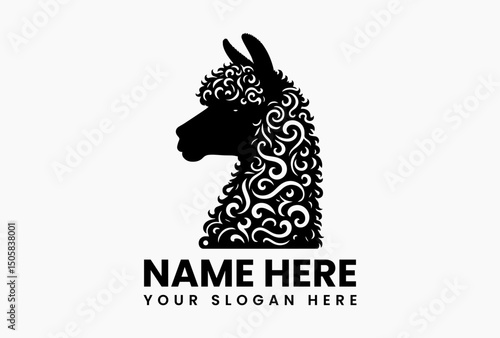Elegant black and white vector illustration of a patterned llama head for animal themed branding