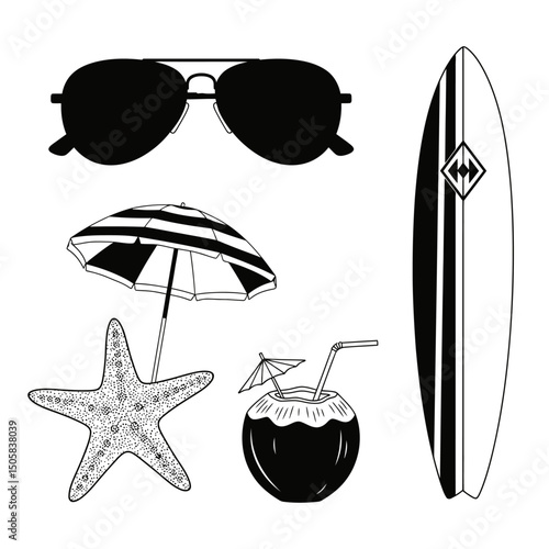 Vector art of Beach vacation essentials including sunglasses, surfboard, umbrella, starfish, and coconut drink isolated on white background for a summer getaway
