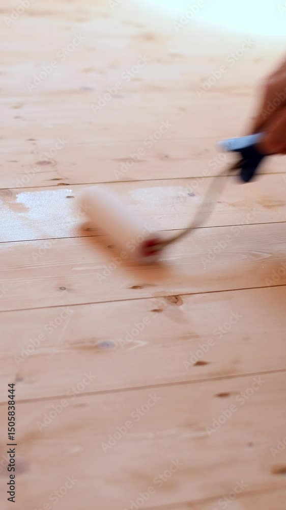 Smooth wooden floor gets first coat of clear water-based varnish with roller, highlighting fresh surface in soft daylight, close-up. Smooth wooden floor gets first coat of clear water-based varnish with roller, highlighting fresh surface in soft daylight, close-up.