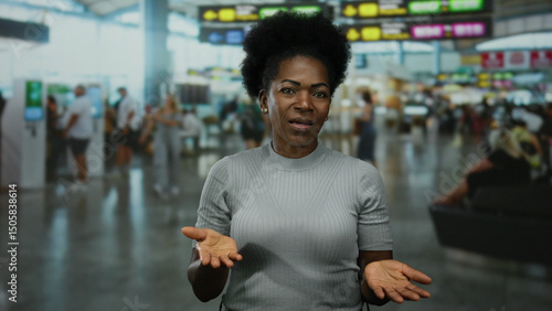 Fotografi Woman gesturing in busy airport terminal, conveying warmth and presence amidst bustling indoor environment, capturing modern travel dynamics with elegance and poise