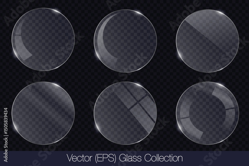 Realistic 3D glass transparent circle frame with glare, flat glass or plastic plate, flat transparent glass lens, realistic screen glass, window mockup, vector (EPS) illustration
