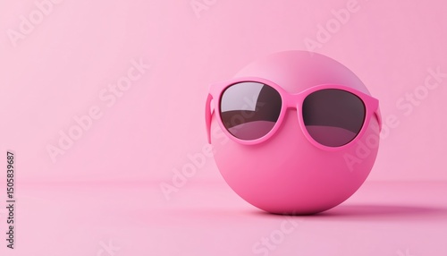 Fun In The Sun: Beach Ball With Sunglasses On Pink Background. Summer Vibes. Vacation Abstract Wallpaper. Velvet Season Relaxation. Lay Back And Enjoy. 3d Rendering.