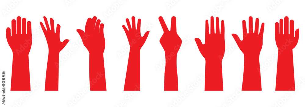 Fototapeta premium Raised hands voting group icon vector. Raised hands icon. Raise hand symbols. Hand sign. Symbol or logo of peoples, community, organization, democracy, donation, charity. Vector stock graphic design. 