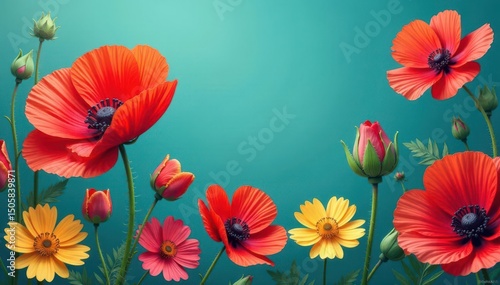 Wallpaper Mural Bold poppy & daisy motif, vibrant color palette, botanical, tapestry, daisies Torontodigital.ca