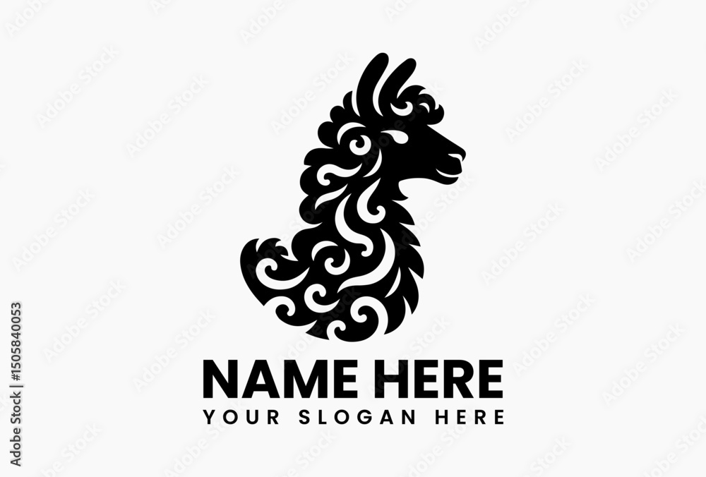 Elegant black and white vector illustration of a patterned llama head for animal themed branding Elegant black and white vector illustration of a patterned llama head for animal themed branding