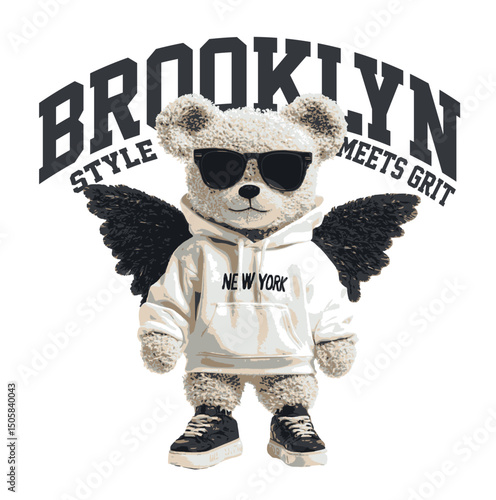 New York themed teddy bear vector illustration.Teddy bear vector hand drawn illustration cute print design for kids.College themed, cute animal graphic print for textiles. Teddy bear graphic.
