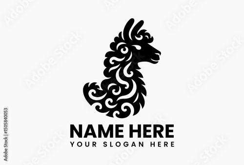 Elegant black and white vector illustration of a patterned llama head for animal themed branding