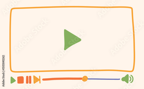 Play Button in Center of Screen Frame. Control Panel Below with Start Stop Pause Skip Progress Bar Volume. Doodle Vector Illustration in Doodle Style with Isolated Elements.