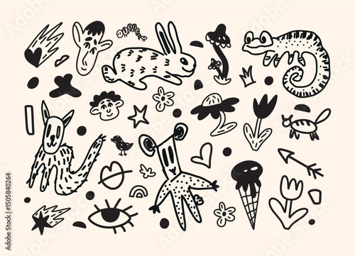 Funny childish doodle drawing with animals, flowers, abstract shapes and faces. Rabbit, cat, chameleon, ice cream, octopus, mushroom, eye. Hand drawn vector illustration for child design.