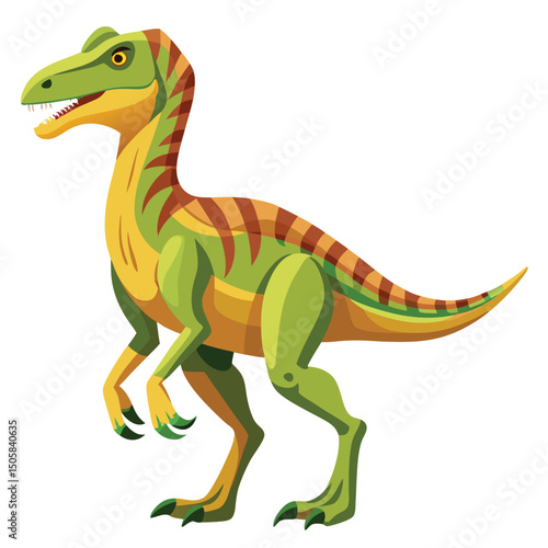 Cartoon illustration of a colorful raptor dinosaur isolated on a white background