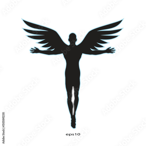 Editable vector silhouette of a man with wings flying