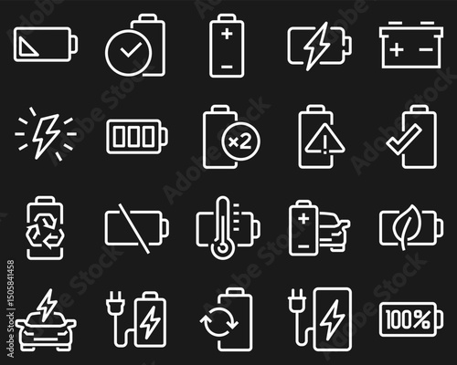 Line icons set of batteries and electric charging. Includes power indicators, eco energy, EV, battery levels, temperature, and safety symbols for UI, apps, and infographics