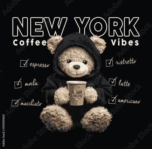 Coffee themed teddy bear vector illustration.Teddy bear vector hand drawn illustration cute print design for kids.Coffee themed, cute animal graphic print for textiles. Teddy bear graphic.Espresso art