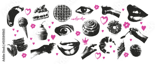 Trendy set of cut out summer dessert stickers with vintage dotted texture and doodles. Collage retro photocopy effect. Grunge grain texture. Vector.
