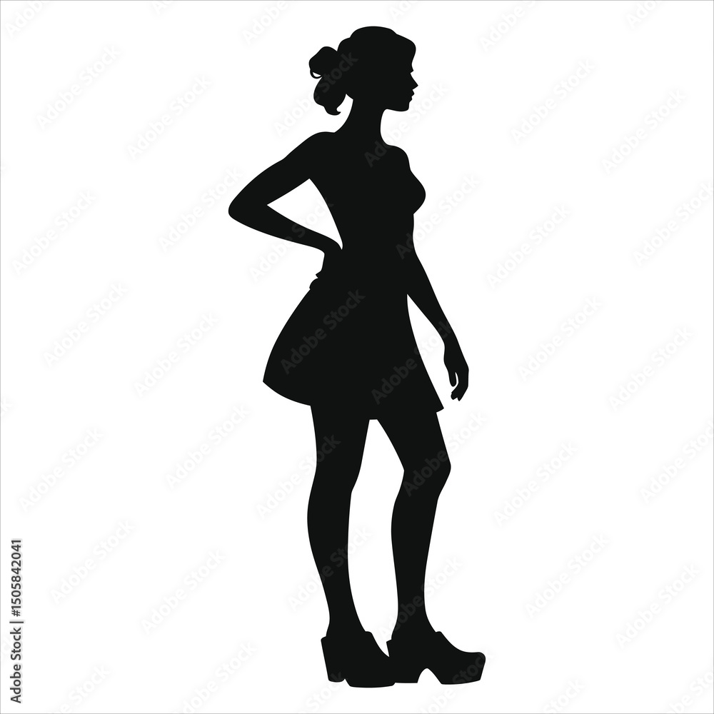 (Clogs)Vector Silhouette of a Woman in a Short Dress and Platform Shoes/A sleek silhouette of a woman, presented against a plain white background, exudes elegance and sophistication. (Clogs)Vector Silhouette of a Woman in a Short Dress and Platform Shoes/A sleek silhouette of a woman, presented against a plain white background, exudes elegance and sophistication.
