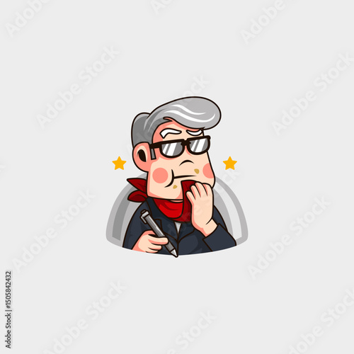 mascot cartoon logo of a middle-aged male food critic wiping food residue in his mouth while holding a pen ready to give a grade, for business, vlog, community, sticker, icon