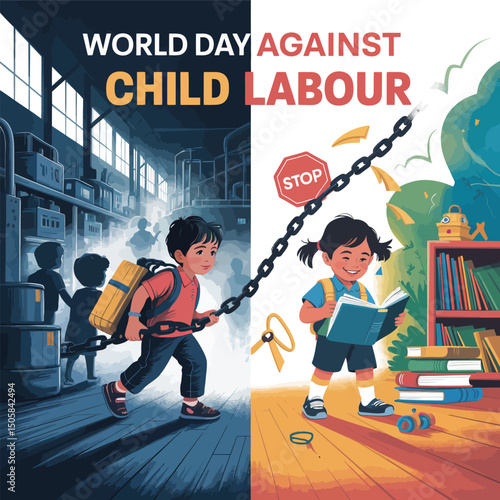 Powerful Child Labor Awareness Design featuring Children and Books symbolizing Education and Freedom