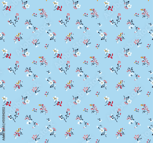 Seamless Light Blue Floral Pattern with Small Vintage Flowers
