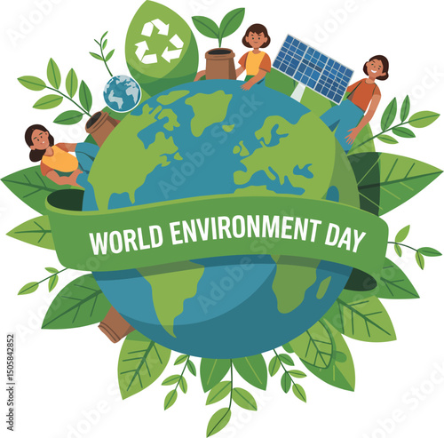Celebrate World Environment Day with this vibrant Earth graphic featuring children planting trees and using solar energy.