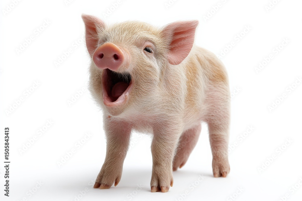 Adorable piglet with a wide yawn, standing against a white background. Adorable piglet with a wide yawn, standing against a white background.