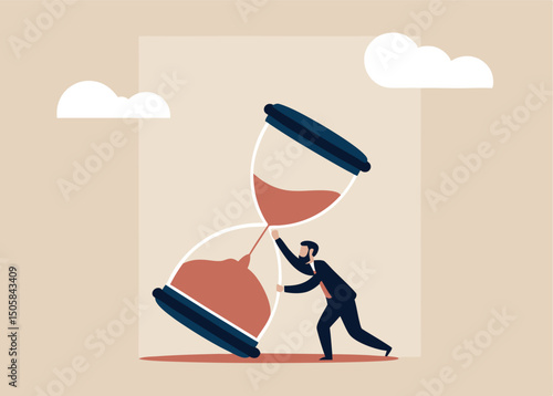 Chasing Time: A visual metaphor of time's passage. The image portrays a figure desperately attempting to halt the flow of an hourglass, emphasizing themes of urgency, deadlines.